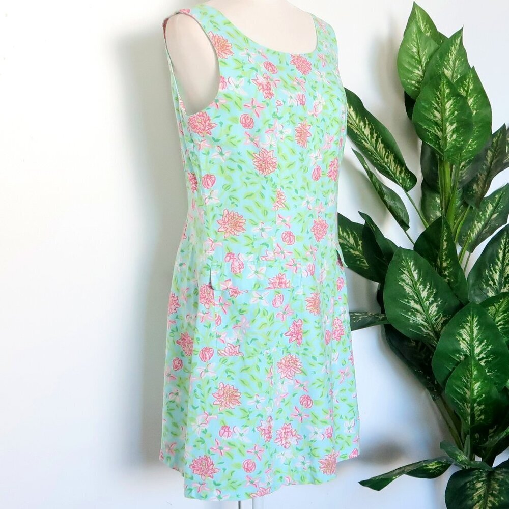 Lilly Pulitzer Linen Cotton Blue Ping Floral Sleeveless Boat Neck Sheath Dress 8 - Picture 4 of 9